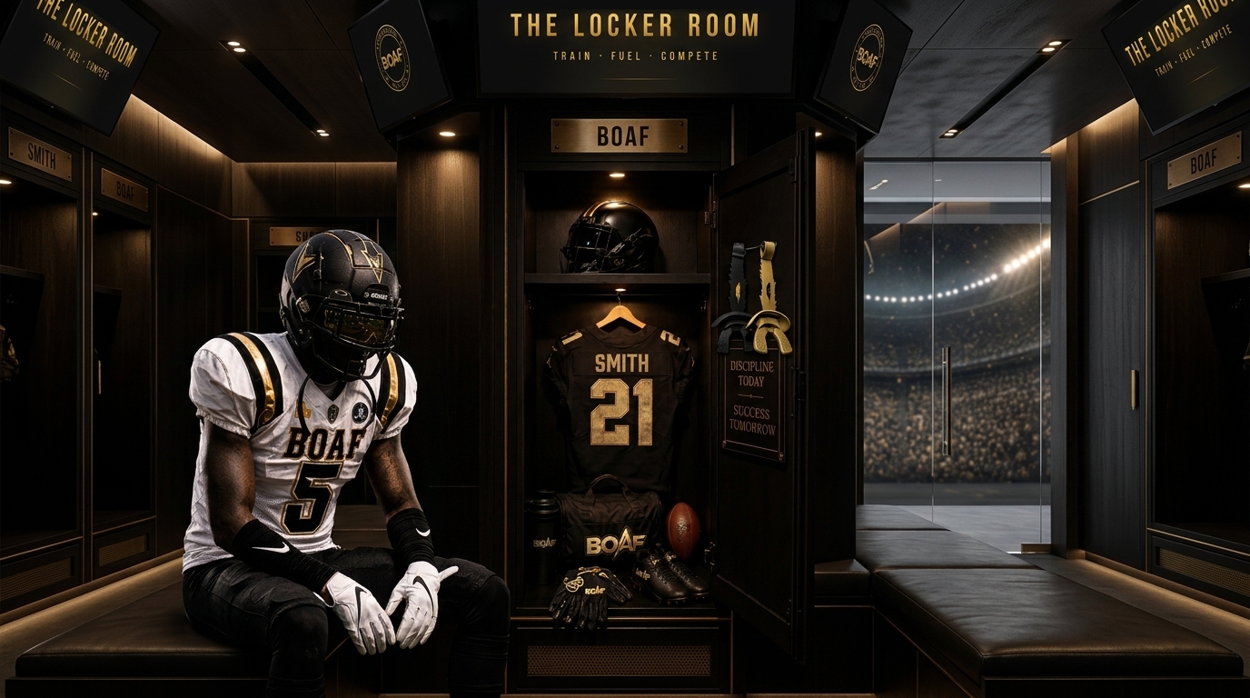 Football player in a matte black and gold locker room with SMITH 21 jersey